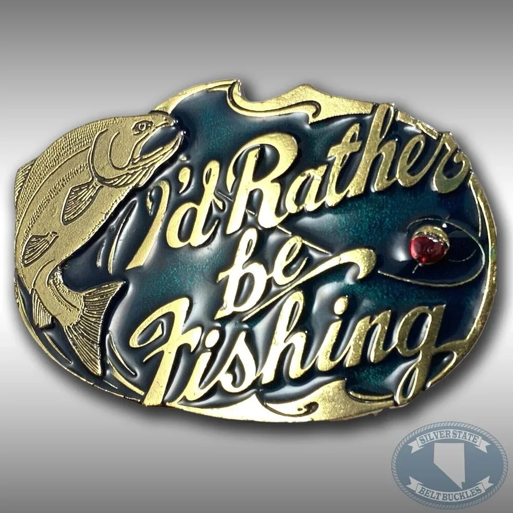 Vintage Belt Buckle Solid Brass 1985 I'd Rather‎ Be Fishing Bass Fish USA Made